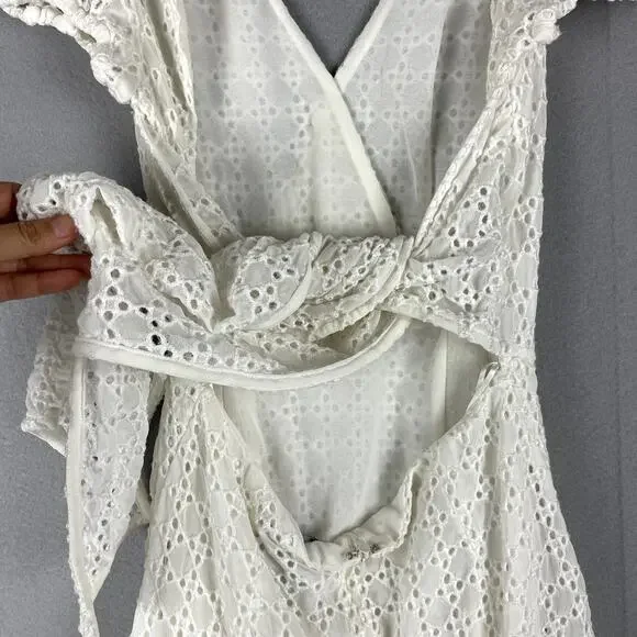Bardot Nadia Tie Back Mini Eyelet Dress Womens 4 Ivory Ruffle Puff Sleeve NWT - Picture 15 of 16